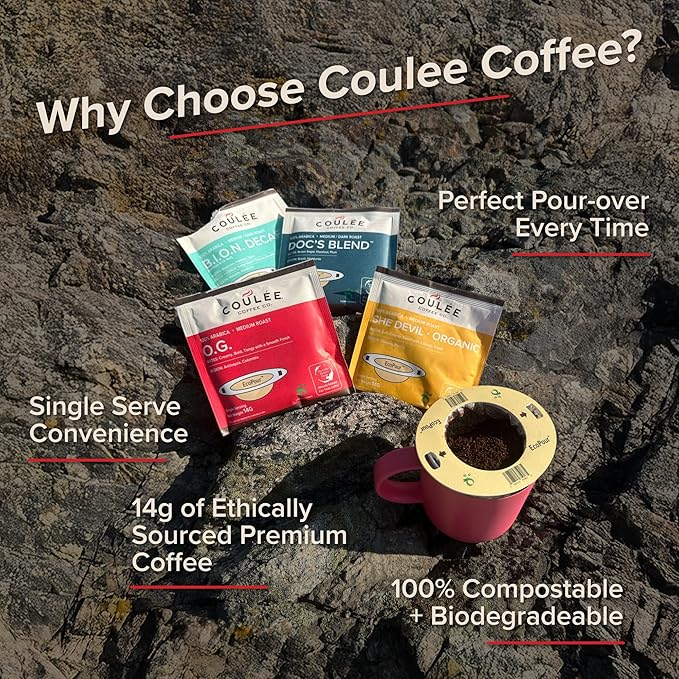 Coulée EcoPour She Devil Coffee, All Paper Single Serve Arabic Coffee, Medium Roast, Use for Camping or Traveling, Pre Filled Compostable Filters, Ready to Brew with Hot Water, Plastic Free, 20 Pack