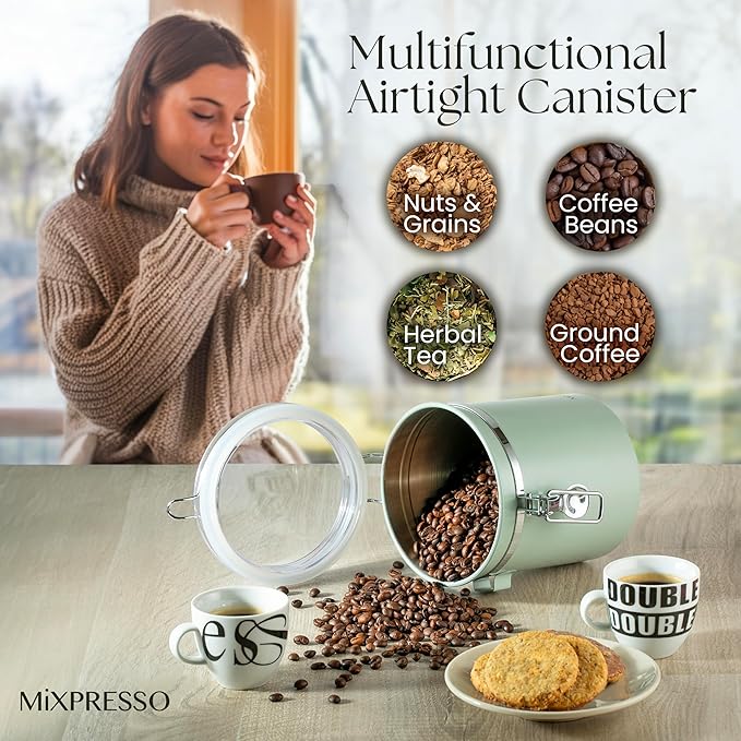 Mixpresso Green Coffee Canister, 16oz Airtight Stainless Steel Kitchen Food Storage Container with Clear Lid and Spoon. for Grounds Coffee, Beans, Tea, Flour, Cereal, Vacuum Sealed Sugar Container