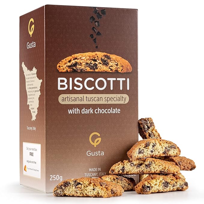 Gusta Authentic Biscotti Cookies Made in Tuscany, Italy - Chocolate Chip - Original Two Bites Size - All Natural Ingredients - Fresh & Genuine Italian Dessert Treats - 8.82oz