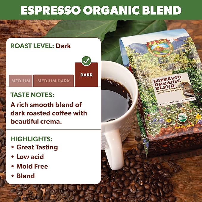 Low Acid Organic Coffee – Whole Bean, Mold-Free & Stomach Friendly by Java Planet, Espresso Blend Coffee, Dark Roast, Smooth Full Flavored, 1LB Bag