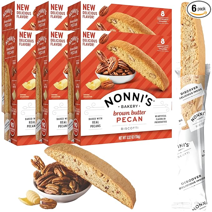 Nonni's Brown Butter Pecan Biscotti, Nutty Pecan Cookie with Rich Browned Butter Flavor, 8 Individually Wrapped Bakery Snacks, 5.52 oz, 6 Pack