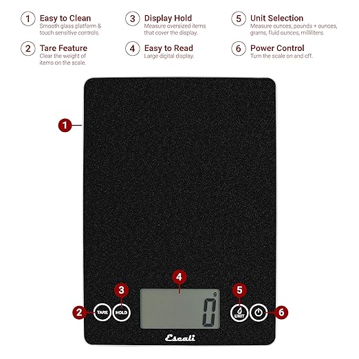 Escali Arti Glass Food Scale Digital Countertop Kitchen, Baking and Cooking Scale with Nutrition and Calorie Counter, 15-Pound Capacity, 9" x 6.5" x .75", Black