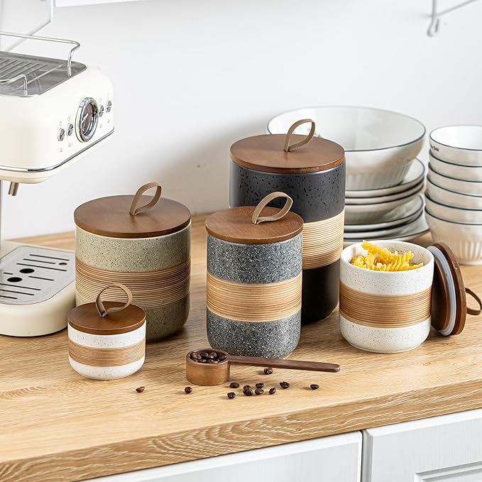 Large Storage Containers with Lids, Ceramic Coffee Container Kitchen Food Storage Jars for Spice Sugar Tea Bag, Stackable Decorative Jars for Counter, 61 fl.oz