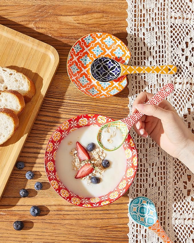 Ceramic Small Serving Spoons, Colorful Soup Spoon Set for Cereal, Yogurt, Dips, Ice Cream, Ramen, Dishwasher & Microwave Safe, Cute Decorative Spoon Set of 6