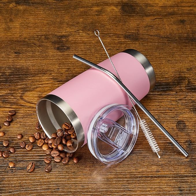 COMOOO 20oz 8 Pack Tumbler Double Wall Vacuum Insulated Coffee Travel Mug Stainless Steel Tumbler Bulk with Lid and Straw Insulated Coffee Cup for Cold & Hot Drinks (Pink, 8 Pack)