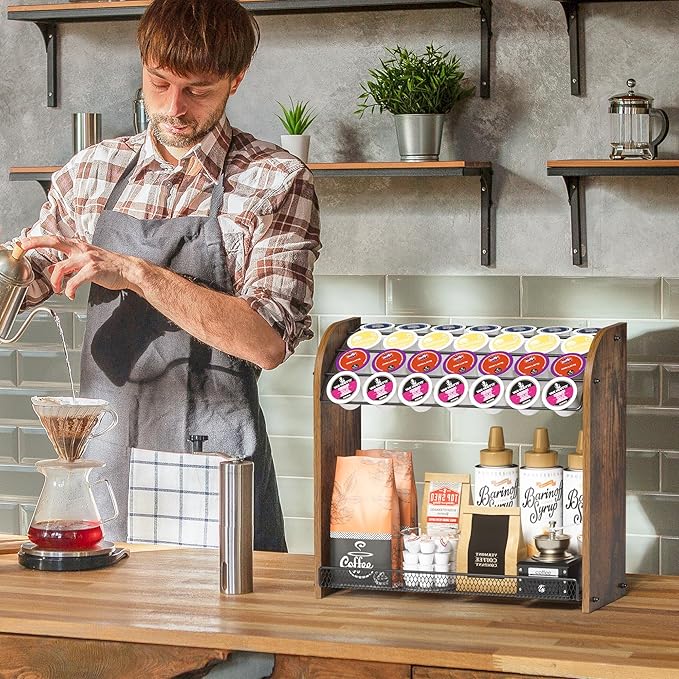 K Cup Holder - 2-Tier K Cup Organizer, Metal Coffee Pod Holder for Counter, Easy Assembly (Rustic Brown)