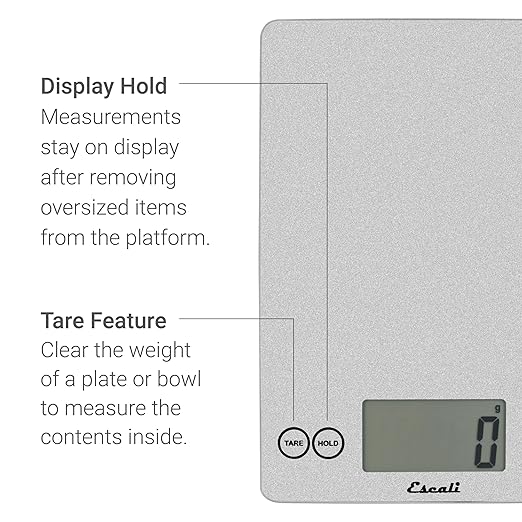 Escali Arti Glass Food Scale Digital Countertop Kitchen, Baking and Cooking Scale with Nutrition and Calorie Counter, 15-Pound Capacity, 9" x 6.5" x .75", Shiny Silver