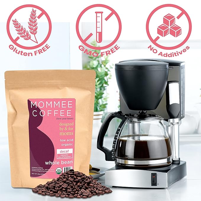 Mommee Coffee - Decaf | Low Acid, Organic, Fair Trade, Water Processed | Whole Bean, 22 oz.