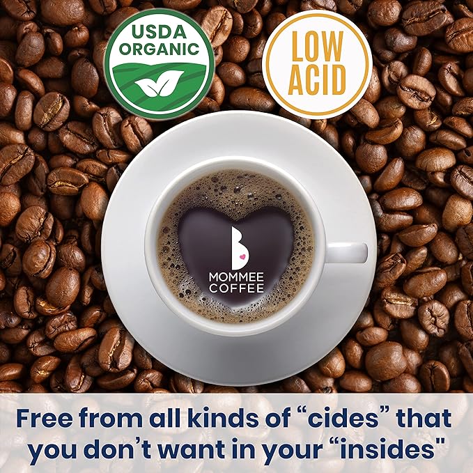 Mommee Coffee - Half Caf | Low Acid, Organic, Fair Trade, Water Processed | Whole Bean, 22 oz.
