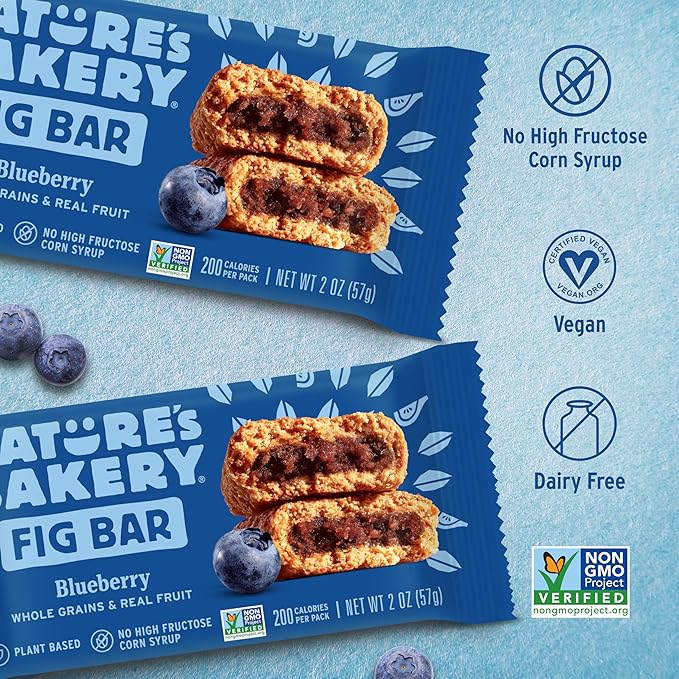 Nature's Bakery Whole Wheat Fig Bars, Blueberry, Real Fruit, Vegan, Non-GMO, Snack bar, Twin packs- 12 count