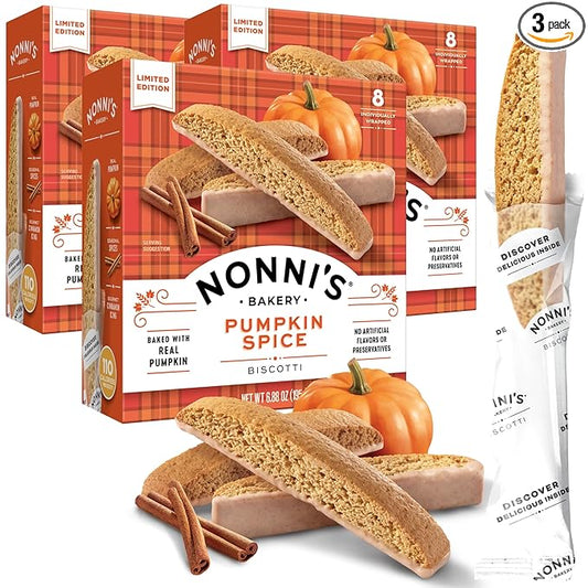 Nonni's Pumpkin Spice Biscotti Holiday Cookies - 3 Boxes Pumpkin Cookies - Pumpkin Biscotti w/Cinnamon Icing - Biscotti Individually Wrapped Pumpkin Spice Cookies - Kosher Coffee Cookies 6.88 oz