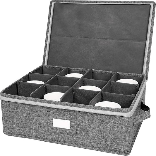 popoly Cup and Mug Storage Box, China Cup Storage Containers Chest with Zipper Lid and Handles, Holds 12 Coffee Mugs and Tea Cups, Hard Shell and Stackable (Grey)