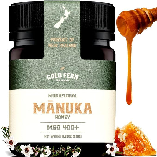 Gold Fern Honey - Raw New Zealand Manuka Honey Medical Grade | 8.8oz Monofloral MGO 400+ | Pure, Natural, Unpasteurized, Unfiltered Superfood, Traceable from Hive to Hand.