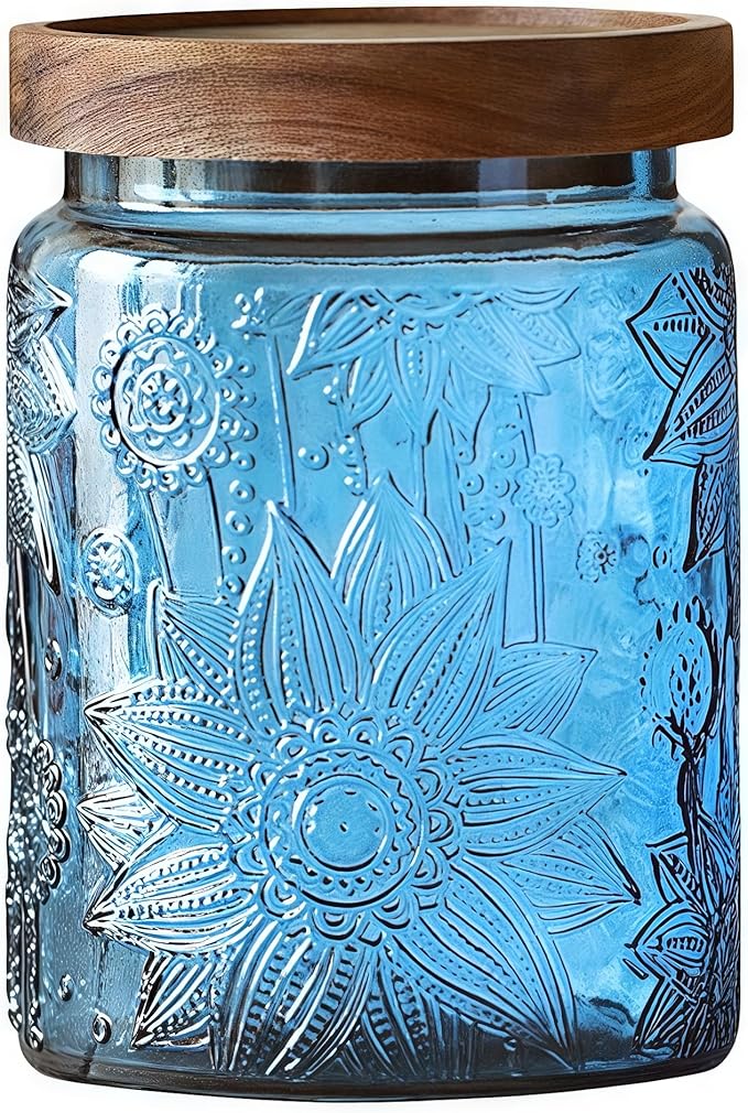 ANSQU Vintage 23.7oz Glass Mason Jar with Solid Wood Lid - Decorative Storage Canister for Tea, Coffee, Cookies, Candy, Bath Salts, Laundry Detergent - Kitchen & Bathroom Organizer (Blue, 1 Pack)