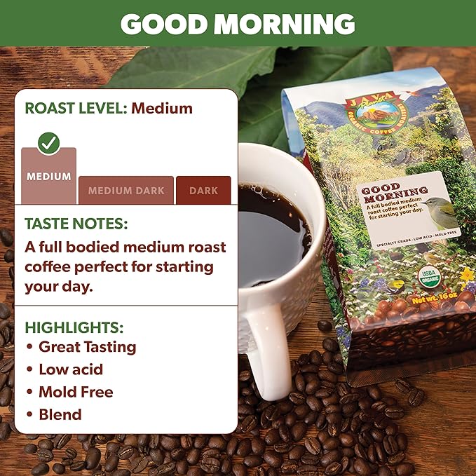 Low Acid Organic Coffee – Whole Bean, Mold-Free & Stomach Friendly by Java Planet, Good Morning Blend Coffee, Medium Roast, Smooth Full Flavored, 2x1LB Bag