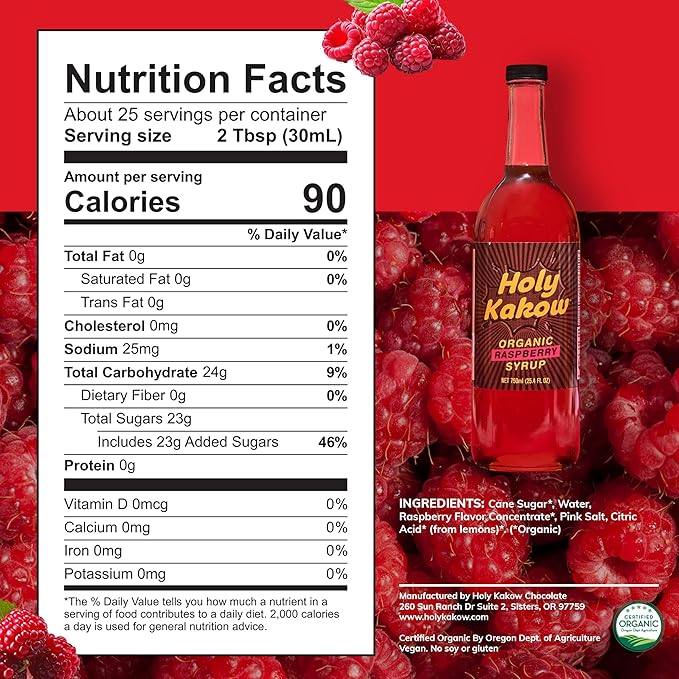 Holy Kakow Organic Raspberry Syrup - Made with Organic Ingredients, GMO Free, Vegan, Gluten-Free, No Preservatives, Raspberry Syrup for Coffee - 750ml Bottle