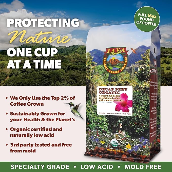Low Acid Organic Coffee – Whole Bean, Mold-Free & Stomach Friendly by Java Planet, Peruvian Single Origin Decaf Coffee, Medium Dark Roast, Water Process, Smooth Full Flavored, 1LB Bag