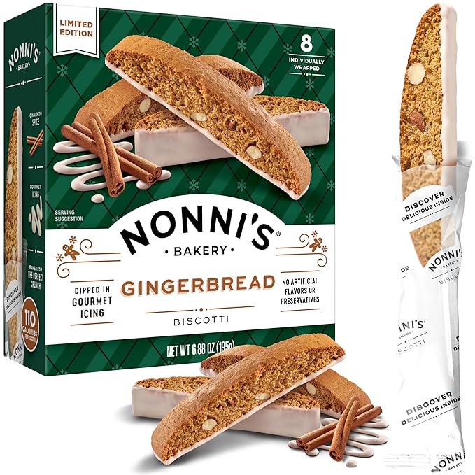 Nonni's Gingerbread Biscotti Holiday Cookies - Gingerbread Cookies - Gingerbread Christmas Cookies w/Almonds & White Icing - Biscotti Individually Wrapped Cookies - Italian Cookies - 6.88 oz