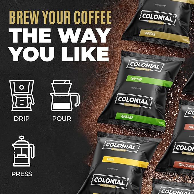 Colonial Coffee 32 Count Single Pot Coffee Packets – Assorted Variety Pack with Medium, Dark, & Decaf Roast Blends | Pre-Measured Frac Packs for 12 Cup Maker | Bulk Ground Gourmet Coffee for Home & Office