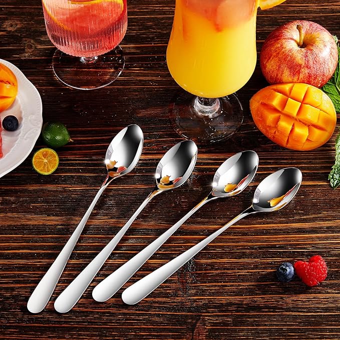 KEAWELL Premium 4-Piece Louise Long Handle Spoons, 18/10 Stainless Steel, Brilliant Mirror Finish, Ideal for Coffee, Cocktails, and Beverages, Dishwasher Safe (9 inch, 4)