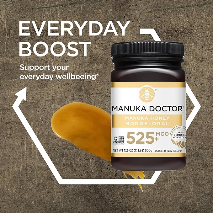 Manuka Doctor - MGO 525+ Manuka Honey Monofloral, 100% Pure New Zealand Honey. Certified. Guaranteed. Raw. Non-GMO (17.6 oz)
