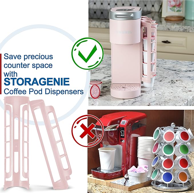 STORAGENIE Coffee Pod Holder for Keurig, Side Mount K Cup Storage, Perfect for Small Counters (2 Rows/For 10 K Cups, PINK)