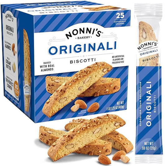 Nonni's Originali Classic Almond Biscotti Cookies – Individually Wrapped Italian Coffee Snack, Crunchy Twice-Baked, 80 Cal Each, 17.25 oz Carton