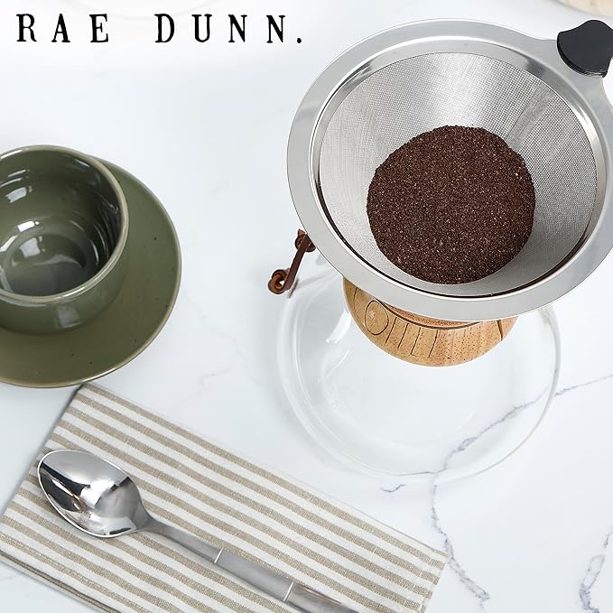 Rae Dunn Glass Pour Over Coffee Maker, 34oz Carafe with Reusable Stainless-Steel Filter and Elegant Bamboo Finish, Great for Brewing Coffee