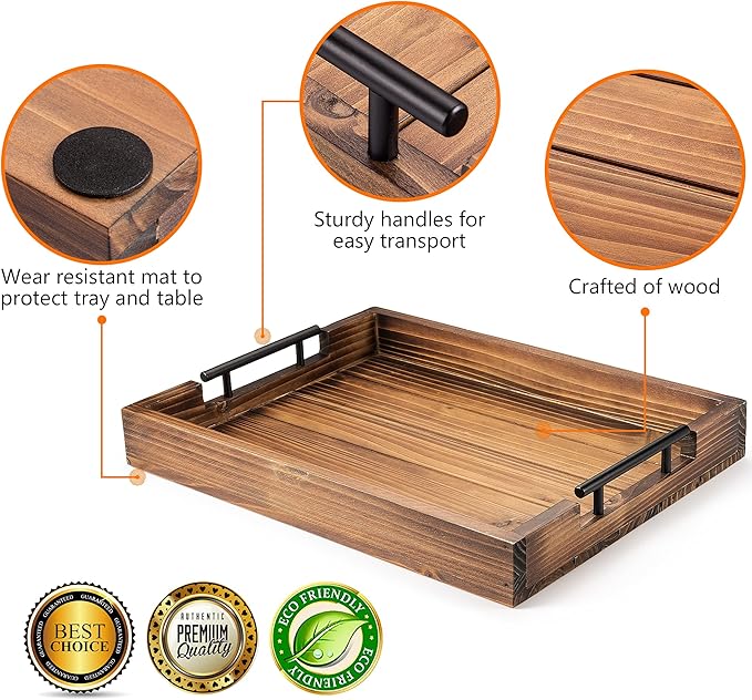 Ottoman Serving Tray | Decorative Coffee Table Tray with Handles – 17x13 Inch Wooden Tray with 4 Coasters for Breakfast, Kitchen & Bar