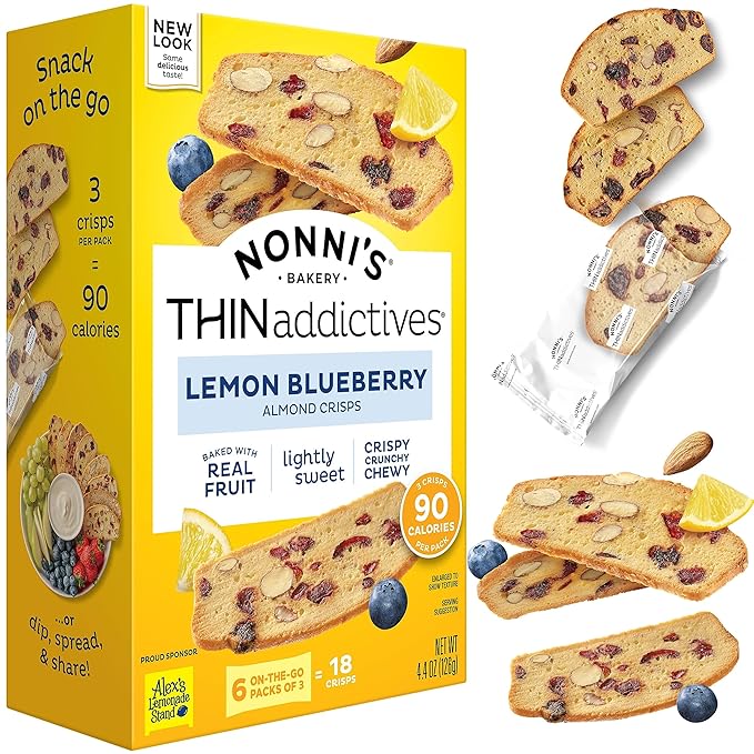 Nonni's THINaddictives Almond Thin Cookies - Lemon Blueberry Biscotti Italian Cookie Thin - Almond Cookie - Sweet Crunchy & Chewy - Biscotti Individually Wrapped Cookie - Kosher Coffee Cookie - 4.4 oz
