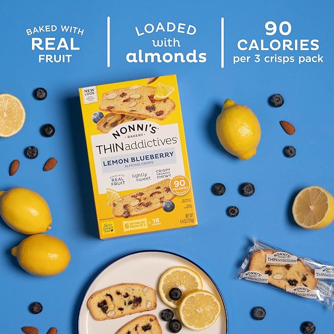 Nonni's THINaddictives Almond Thin Cookies - Lemon Blueberry Biscotti Italian Cookie Thin - Almond Cookie - Sweet Crunchy & Chewy - Biscotti Individually Wrapped Cookie - Kosher Coffee Cookie - 4.4 oz