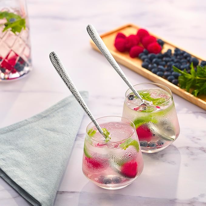 Hudson Essentials Hammered Iced Tea Spoons, 18/10 Stainless Steel Long Handle Spoons for Stirring Cocktails, Tea, Coffee, Set of 6 - Bergamo