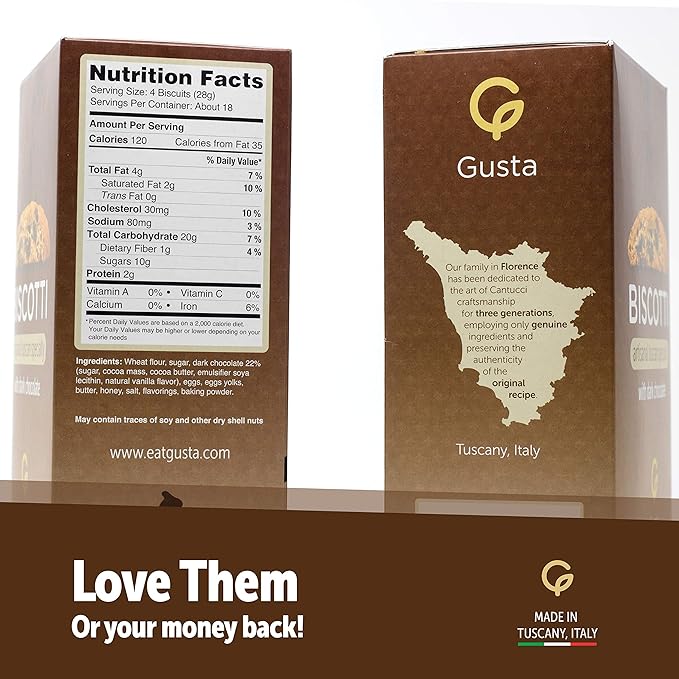 Gusta Authentic Biscotti Cookies Made in Tuscany, Italy - Chocolate Chip - Original Two Bites Size - All Natural Ingredients - Fresh & Genuine Italian Dessert Treats - 8.82oz