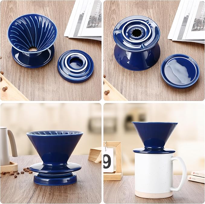 Pour Over Coffee Maker, Ceramic Coffee dripper with 100 pcs Size 02 Paper Filter, Ceramic coffee Server with Lid, 15.5oz/450 ml, Suitable for 1-2 people (Blue)