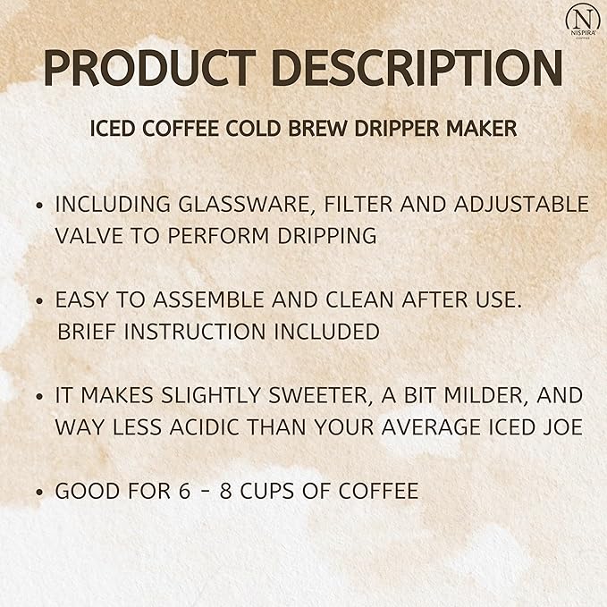 Nispira Iced Coffee Cold Brew Drip Tower Coffee Maker Wooden, 6-8 cup