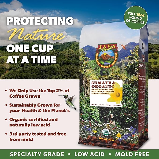 Low Acid Organic Coffee – Whole Bean, Mold-Free & Stomach Friendly by Java Planet, Sumatran Single Origin Coffee, Dark Roast, Smooth Full Flavored, 1LB Bag