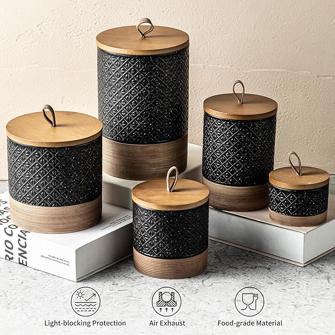 Ceramic Jars with Lid, Small Coffee Canister with Lid, Kitchen Food Storage Jars for Sugar Loose Leaf Tea Candy, Decorative Jar for Countertop, Pantry, Coffee Bar Accessories Black & 20 fl.oz