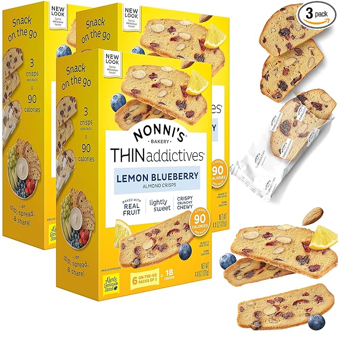 Nonni's THINaddictives Almond Thin Cookies - 3 Boxes Lemon Blueberry Cookie Thins - Almond Cookies - Sweet Crunchy & Chewy - Biscotti Individually Wrapped Cookies - Kosher Coffee Cookies - 4.4 oz