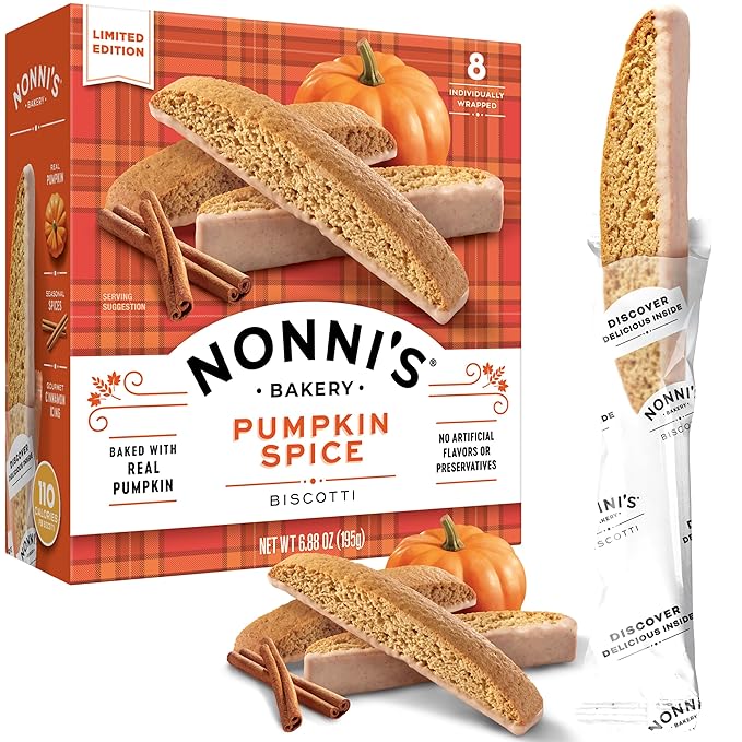 Nonni's Pumpkin Spice Biscotti - Pumpkin Cookies - Pumpkin Biscotti w/Blend of Spices & Dipped in Cinnamon Icing - Individually Wrapped Pumpkin Spice Cookies - Kosher Coffee Cookies - 6.88 oz
