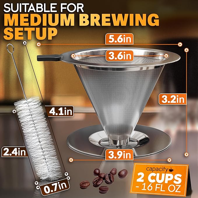 Stainless Steel Pour Over Coffee Maker - 3.18x4.48" Pour Over Coffee Dripper with Wide Secure Base, Large Plastic Handle, and Brush for Easy Cleaning – Ensures Well-Balanced, Clean Flavor