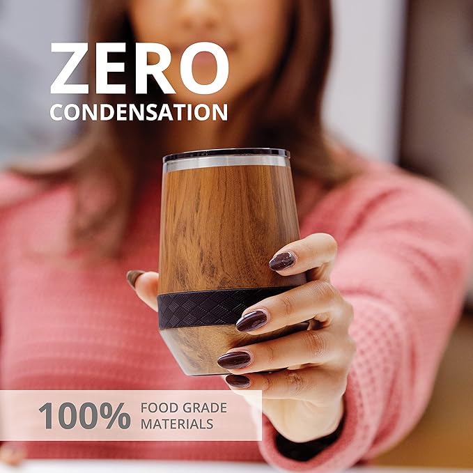 Elemental Recess Wine Tumbler - Triple Wall Insulated Stainless Steel Coffee Mug for Hot & Cold Drinks - Portable Cup with Shatterproof Sip Lid for Camping, Outdoor & Travel - 10oz - Teak Wood