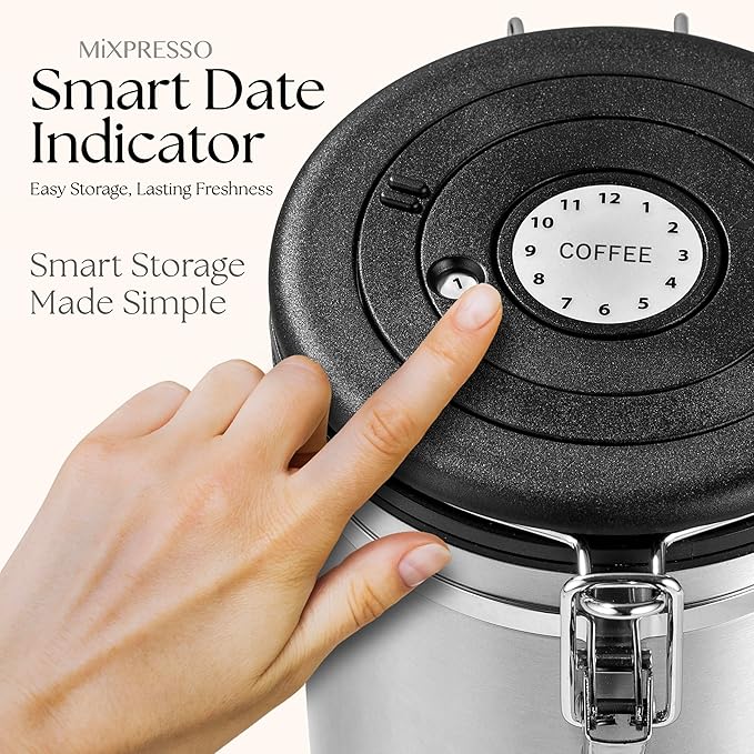Mixpresso 16 Oz Coffee Canister with Window, Stainless Steel Airtight Coffee Container & scoop, Jar Tea Storage with Date Tracker, Vacuum Sealed Espresso Airtight Canister, Sugar Container