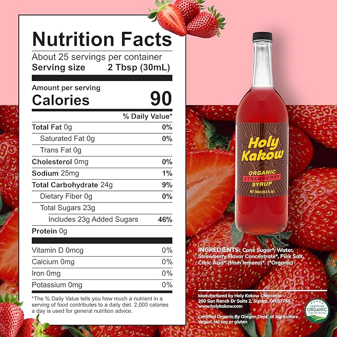 Holy Kakow Organic Strawberry Syrup - Strawberry Syrup for Drinks, Fruit Syrup, Dye Free Strawberry Syrup, Liquid Sugar, Cane Sugar Syrup, Strawberry Simple Syrup, All-Natural, Non-GMO - 750 ml