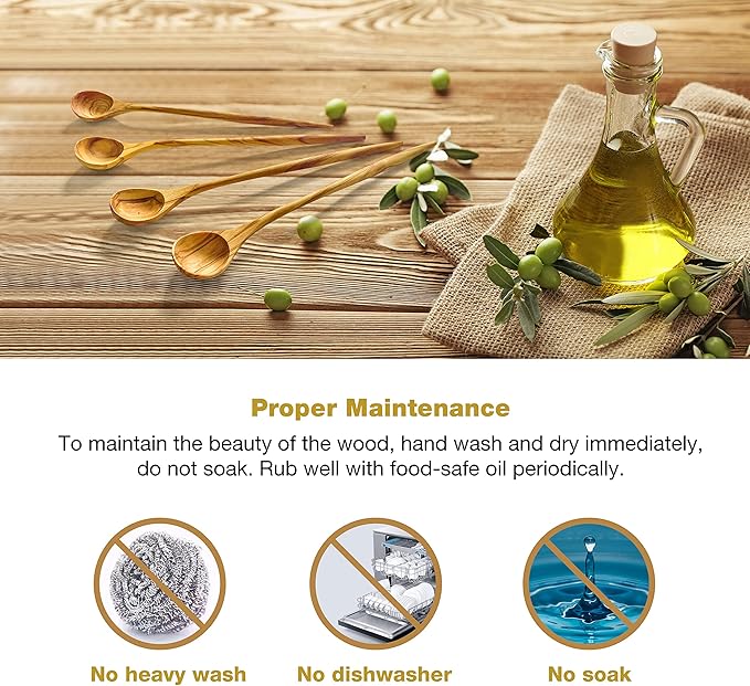 WONDERFUL 100% Natural Olive Wood Long Handle Spoons for Coffee, Tea, Milkshake Kitchen Stirring, Cocktail Stirrer; Mixing Honey Spoon, Chef Tasting Spoons(2 pcs)