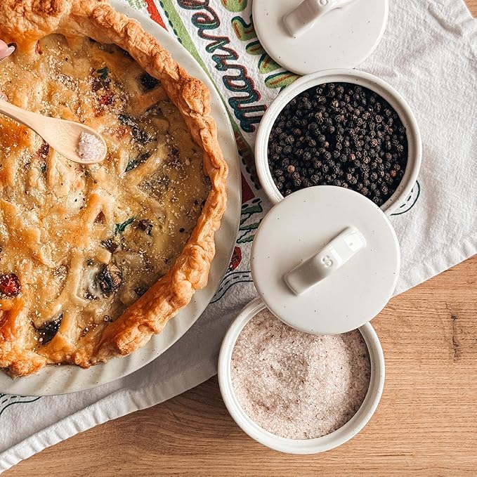 Mora Ceramic Salt and Pepper Cellar Set with Lid - 10 oz Modern Canister/Container/Bowl for Storage, Sea Salt, Spice, Sugar, Countertop - Small Dish/Jar with Wood Spoon, White Crock