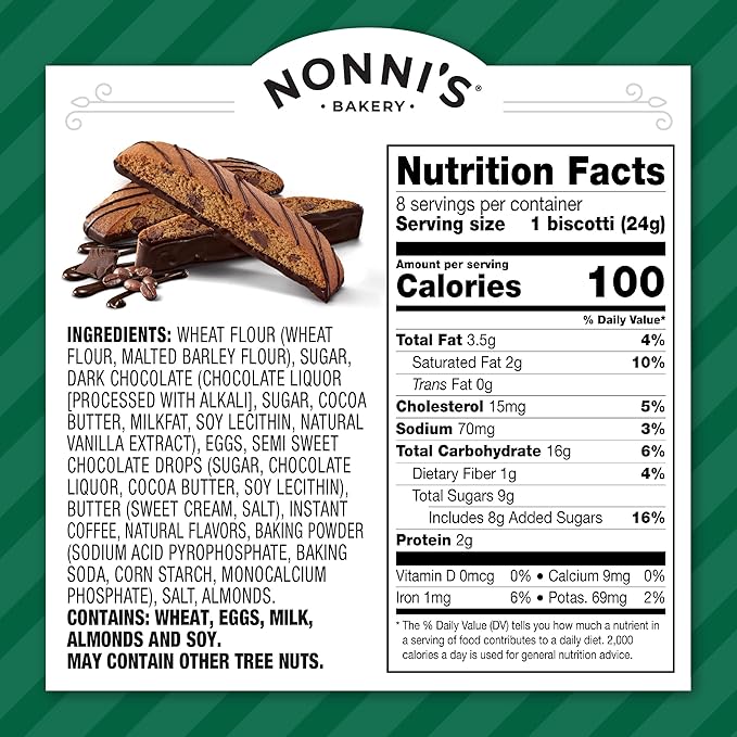 Nonni's Espresso Chocolate Chip Biscotti Cookies - 6 Boxes Espresso Coffee Cookies - Espresso Chocolate Chip Cookies w/Dark Chocolate - Italian Biscotti Individually Wrapped Cookies Kosher - 6.88 oz
