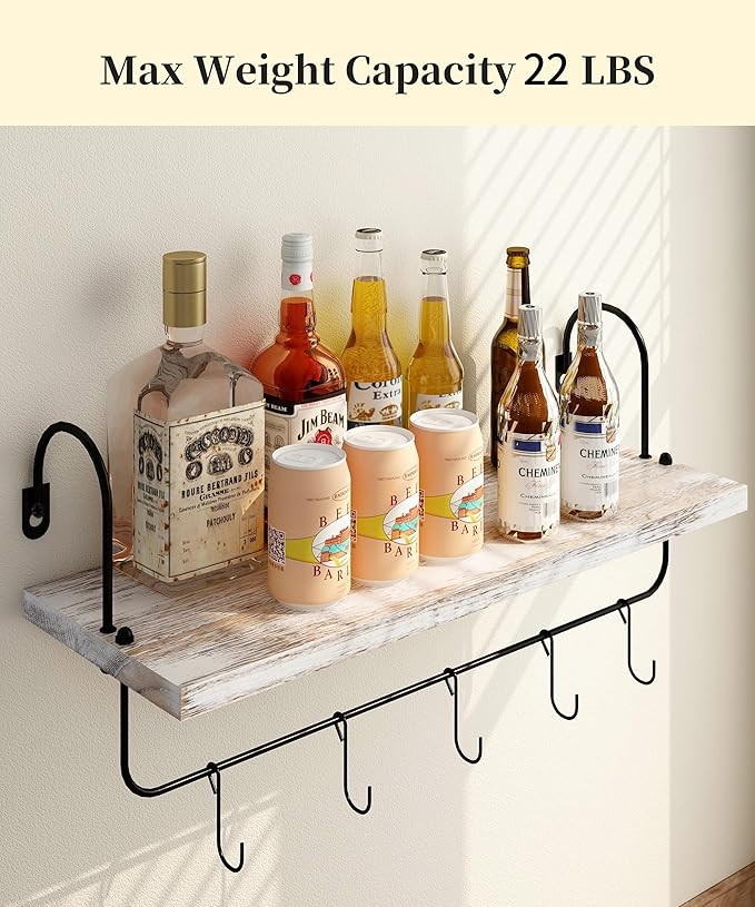 Coffee Mug Holder, Coffee Bar Shelf with Hooks Wall Mount Cup Organizer Mug Racks Pods Storage Hanger Farmhouse Kitchen Decor, White