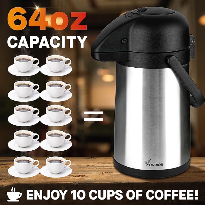 64 Oz Airpot Coffee Dispenser with Pump, Insulated Thermal Coffee Carafe - Stainless Steel Hot Beverage Dispenser - Coffee Urn for Hot/Cold Water, Drink Dispenser for Parties