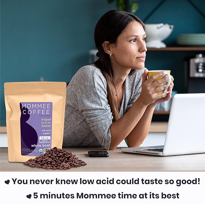 Mommee Coffee - Full Caf | Low Acid, Organic, Fair Trade, Water Processed | Whole Bean, 22oz.