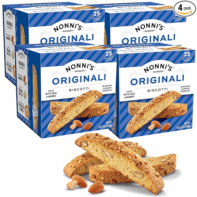 Nonni's Originali Classic Almond Biscotti Cookies – Individually Wrapped Italian Coffee Snack, Crunchy Twice-Baked, 80 Cal Each, 17.25 oz Carton, 4 Pack